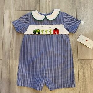 NWT Petit Ami Blue Gingham Smocked Farm & Tractor Jumpsuit Romper, Boys 12M